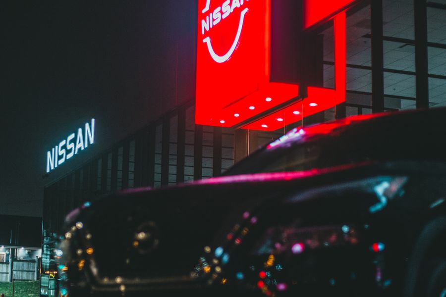 A dealership forecourt after dark